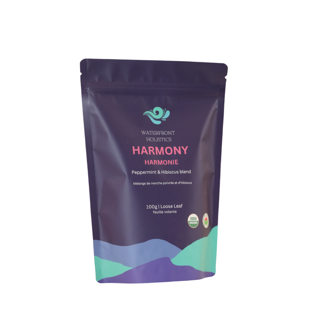 Purple package of 'Harmony' blend from Waterfront Holistics on a white background