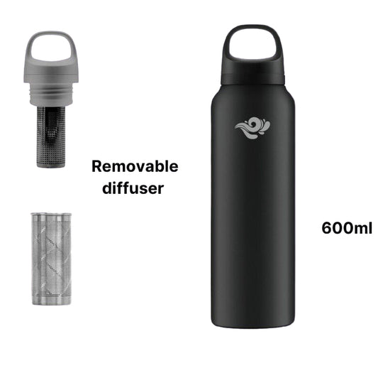 Black water bottle with a removable diffuser and 600ml capacity on a white background