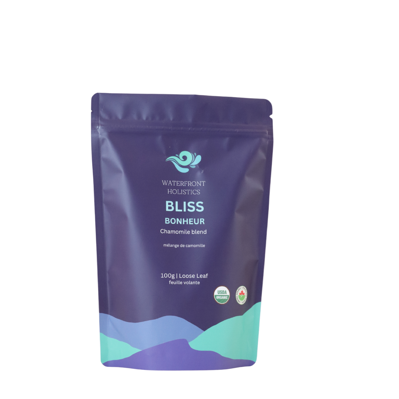Purple package of 'Bliss' chamomile blend from Waterfront Holistic on a white background