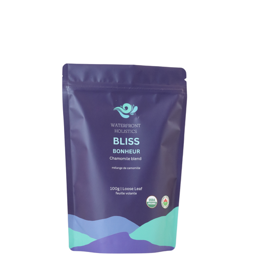 Purple package of 'Bliss' chamomile blend from Waterfront Holistic on a white background