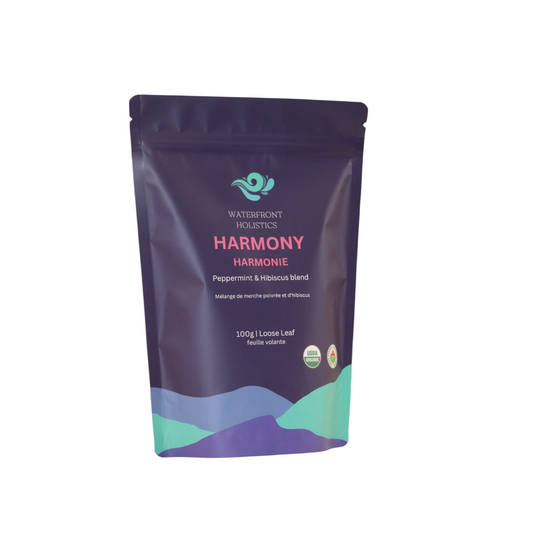 Purple package of 'Harmony' blend from Waterfront Holistics on a white background
