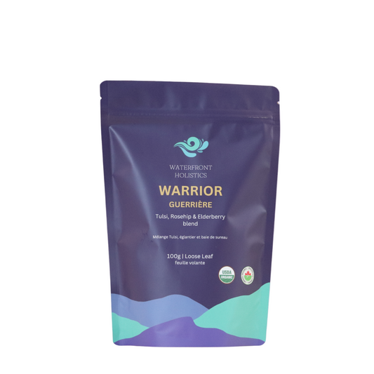 Waterfront Holistic Warrior blend package on a purple background