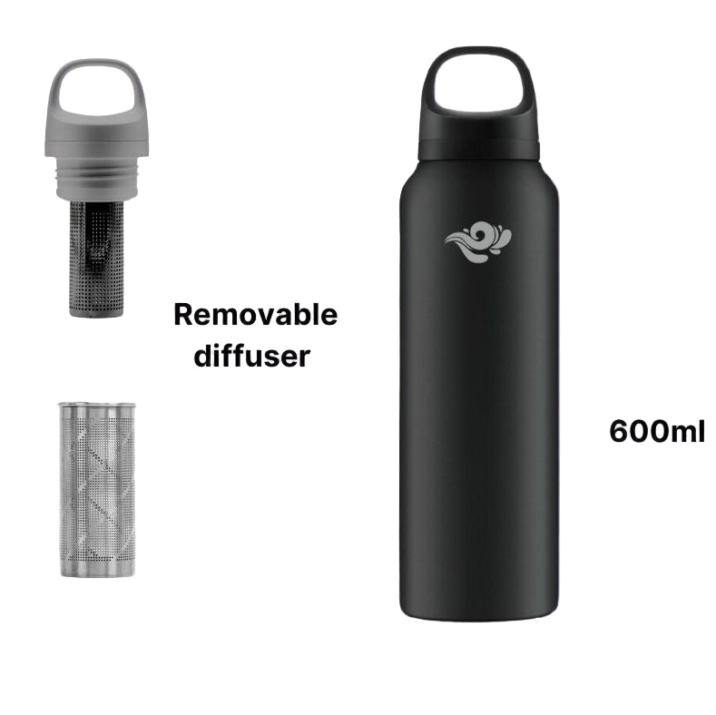 Black water bottle with a removable diffuser and 600ml capacity on a white background